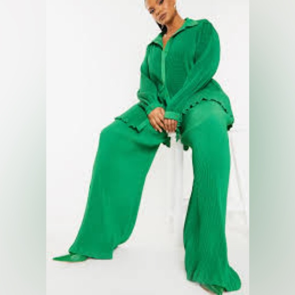PrettyLittleThing Plisse Wide Leg Pants Green High Waisted Flowy Lounge Size 6 - Picture 4 of 14